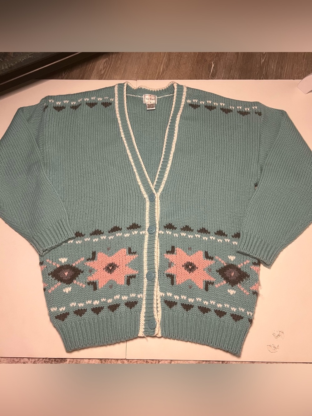 Teal Knit Button-Front Cardigan with Pink Star Motif
